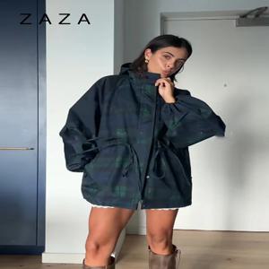 여성 빈티지 그리드 루즈핏 재킷 오버사이즈 루즈 스탠드 칼라 코트 긴팔 후드 레이스업 아우터웨어 2025 신상 여성 스트릿웨어