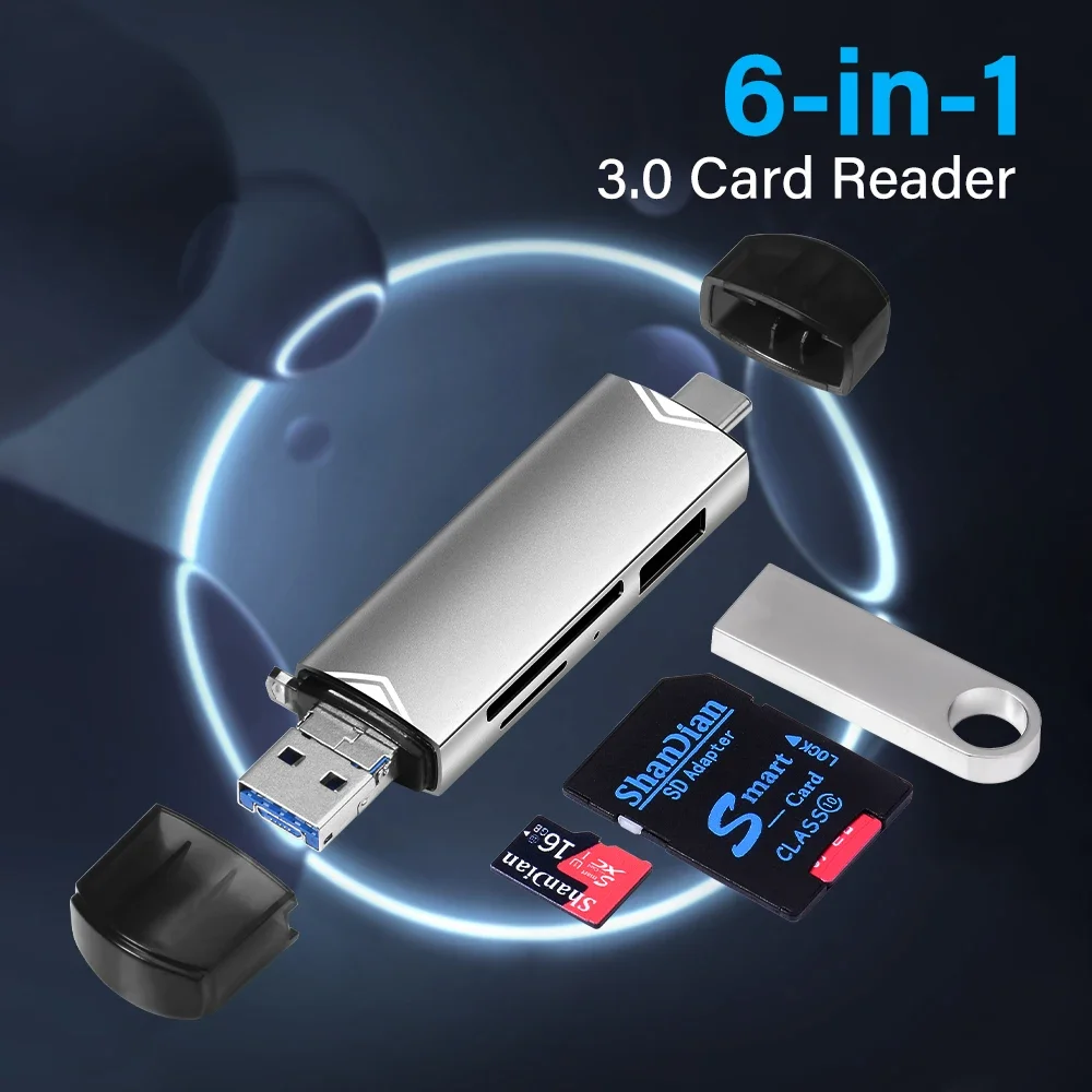 6 in 1 OTG 다기능 USB 3.0 카드 리더기 U 디스크 TYPE-C/USB/TF/SD 플래시 드라이브 메모리 카드 어댑터 휴대폰 노트북 컴퓨터용