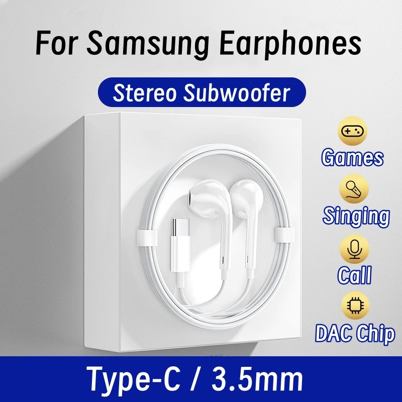 HD 마이크가 장착된 이어폰형 이어폰 서브우퍼 3.5mm TypeC 유선 헤드셋, 삼성 Xiaomi Huawei 전화 헤드폰 스테레오 음악 이어버드