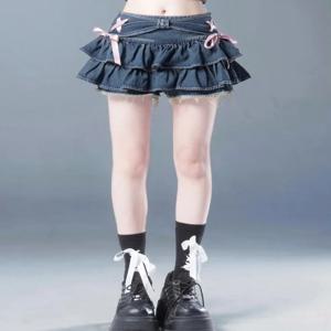 블루 데님 플리츠 스커트 보우 폴드 디자인 여성 A 라인 짧은 스커트 반바지 내장 American Spicy Girl Korean Fashion Hotsweet
