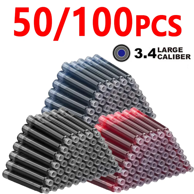 50/100pcs 만년필 잉크 카트리지 블랙 블루 레드 컬러 3.4mm 리필 잉크 카트리지 세트 보어 직경 고품질