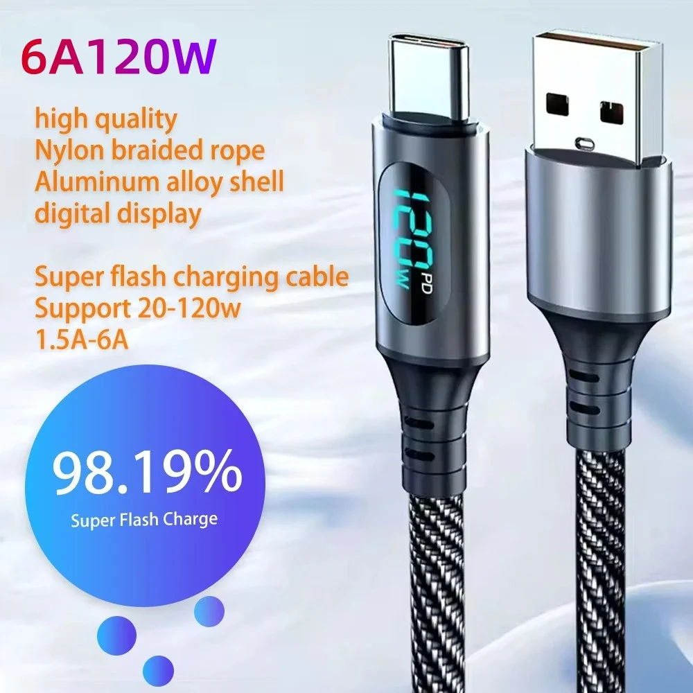 6A 120W USB A to C 슈퍼 고속 충전 케이블 (샤오미 레드미, 포코, 삼성용) LED 디지털 디스플레이, 나일론 편조 데이터 케이블
