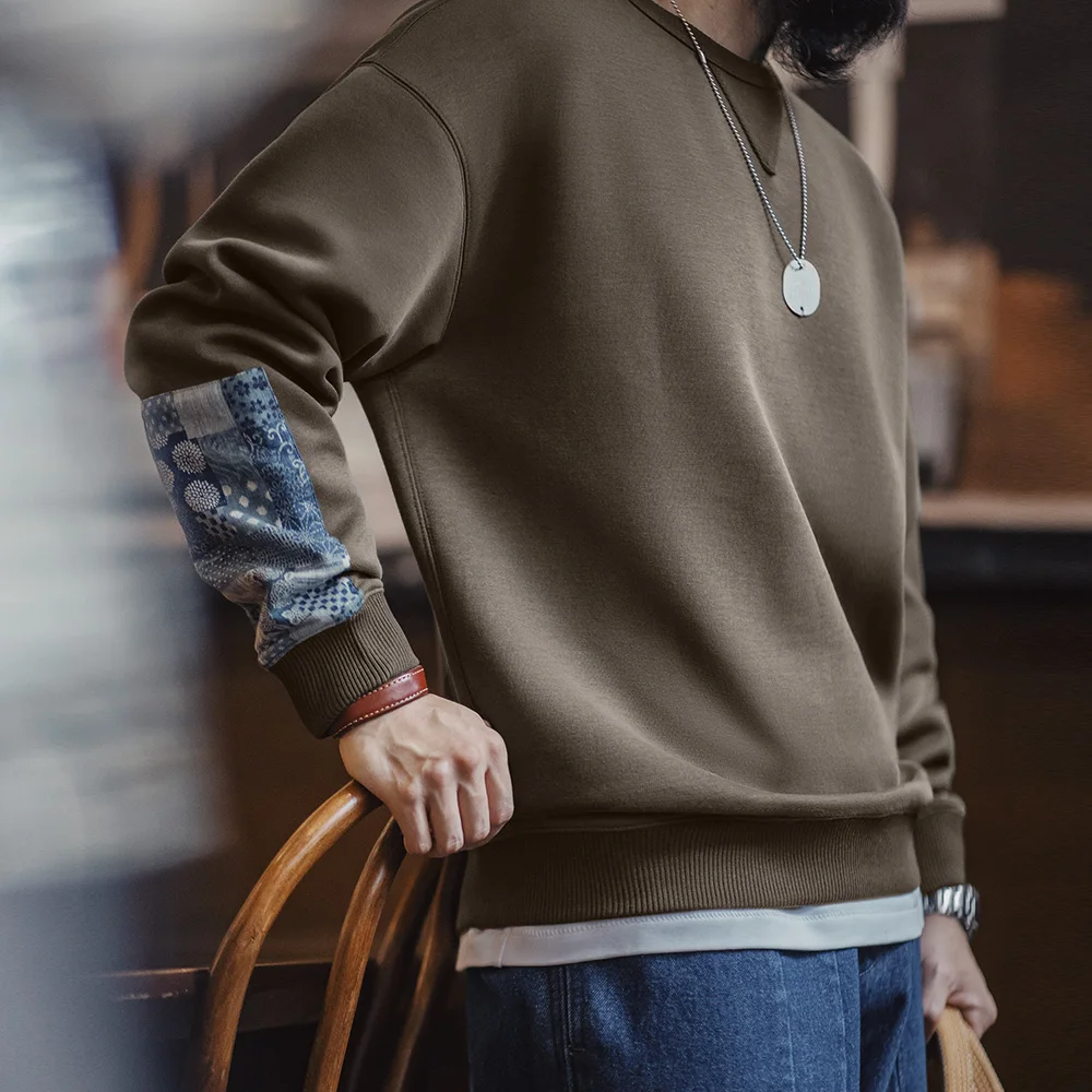 Maden 남성용 빈티지 보라 패치워크 맨투맨, 캐주얼 라운드넥 상의, 클래식 풀오버, 용수철 및 가을 패션 스트리트웨어