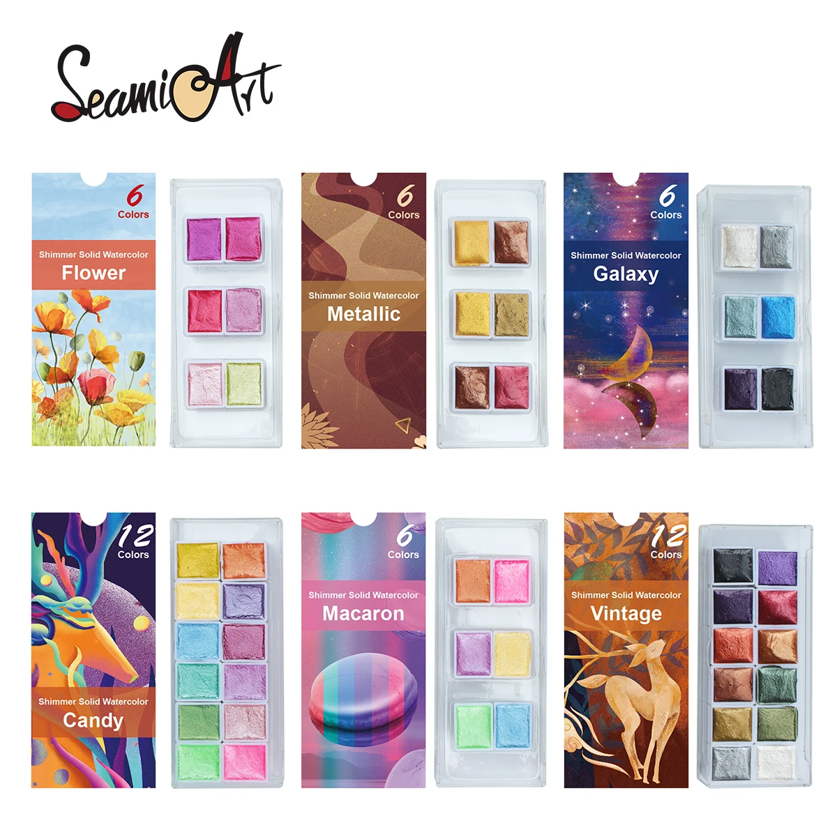 Seamiart 6/12 수채화 물감 세트 예술가를위한 금속 반짝이 학교 문구 낙서 도구 고체 안료 미술 용품