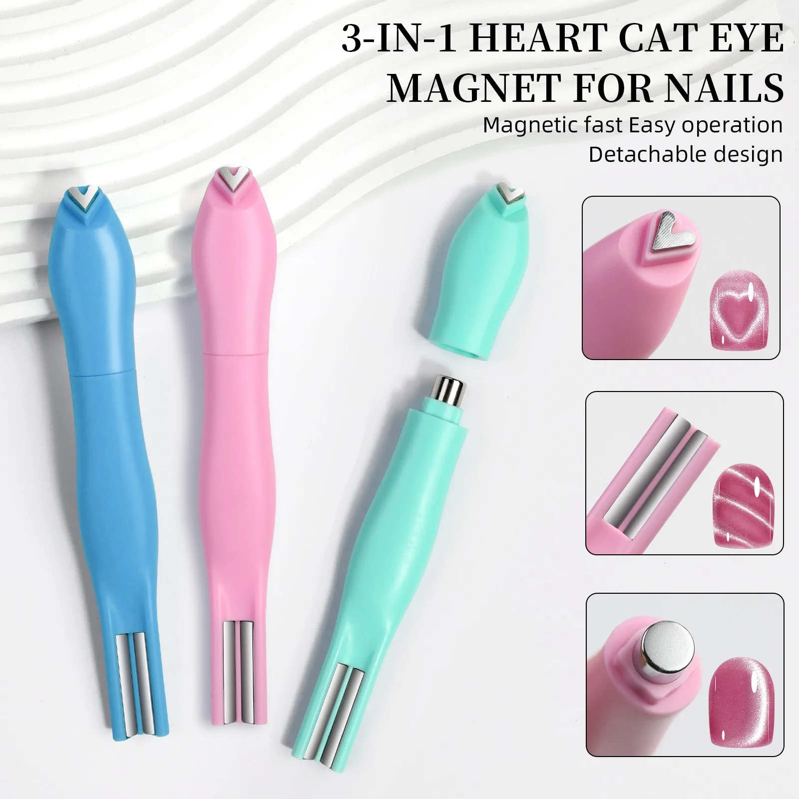 3-in-1 다기능 캣아이 네일 마그넷 도구 (DIY 살롱용) 하트 & 원형 모양, 캣아이 젤 폴리쉬용 다용도 액세서리