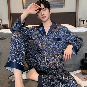 긴 소매 망 얼룩 실크 잠옷 세트 및 짧은 소매 반바지 남자 Pijama 인쇄 잠옷 남자 잠옷 얇은 실크 잠옷 세트