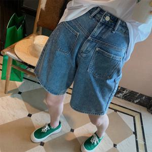 플러스 사이즈 데님 와이드 레그 반바지 여성 여름 신상 루즈 슬림 스트레이트 컷 5부 트렌디 청바지 블루 내추럴 웨이스트 버튼