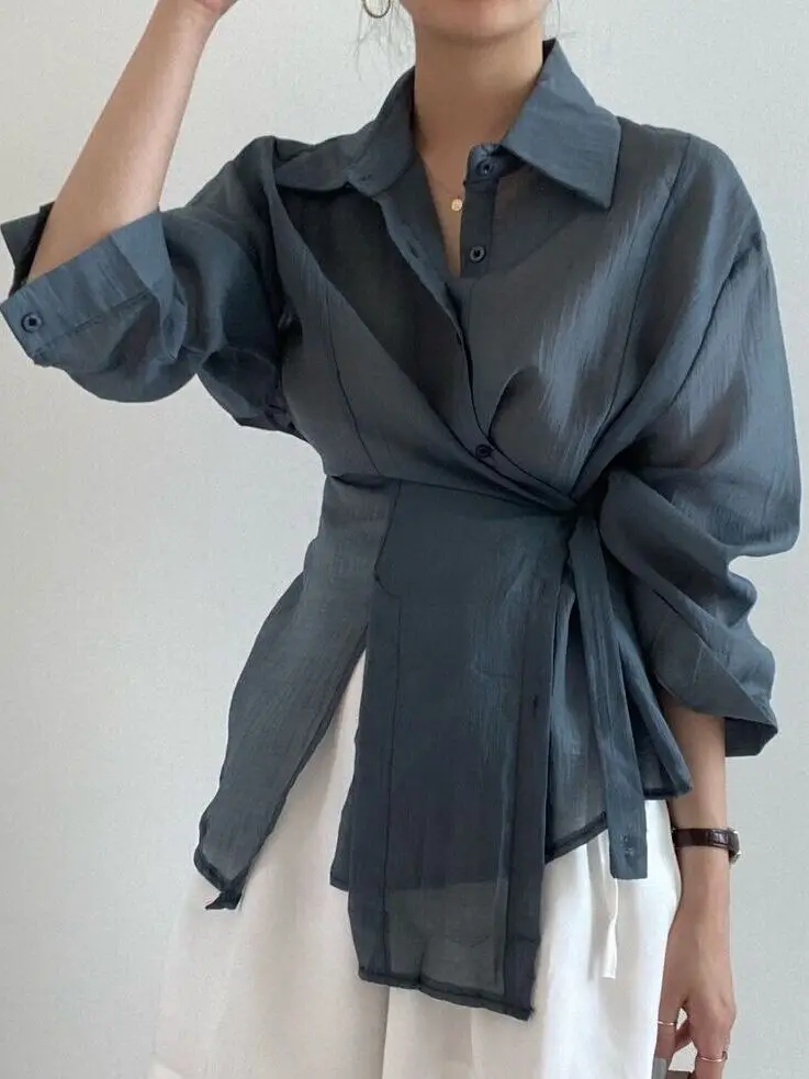 슬리밍 퓨어 컬러 셔츠 여성용 얇은 루즈핏 벨티드 웨이스트코트 자외선 차단 오픈 가디건 트렌디한 불규칙 디자인 감각