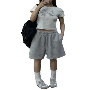 미국 스포츠 그레이 코튼 반바지 여성용 여름 얇은 오부 바지 캐주얼 루즈핏 스트레이트 레그 하프 길이 미드팬츠