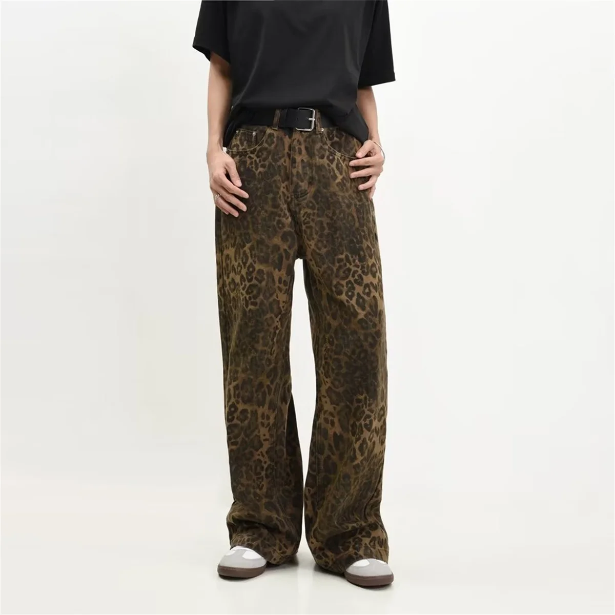 빈티지 레오파드 청바지 여성 데님 바지 여성 봄 특대 캐주얼 와이드 레그 바지 streetwear 힙합 의류 느슨한 y2k
