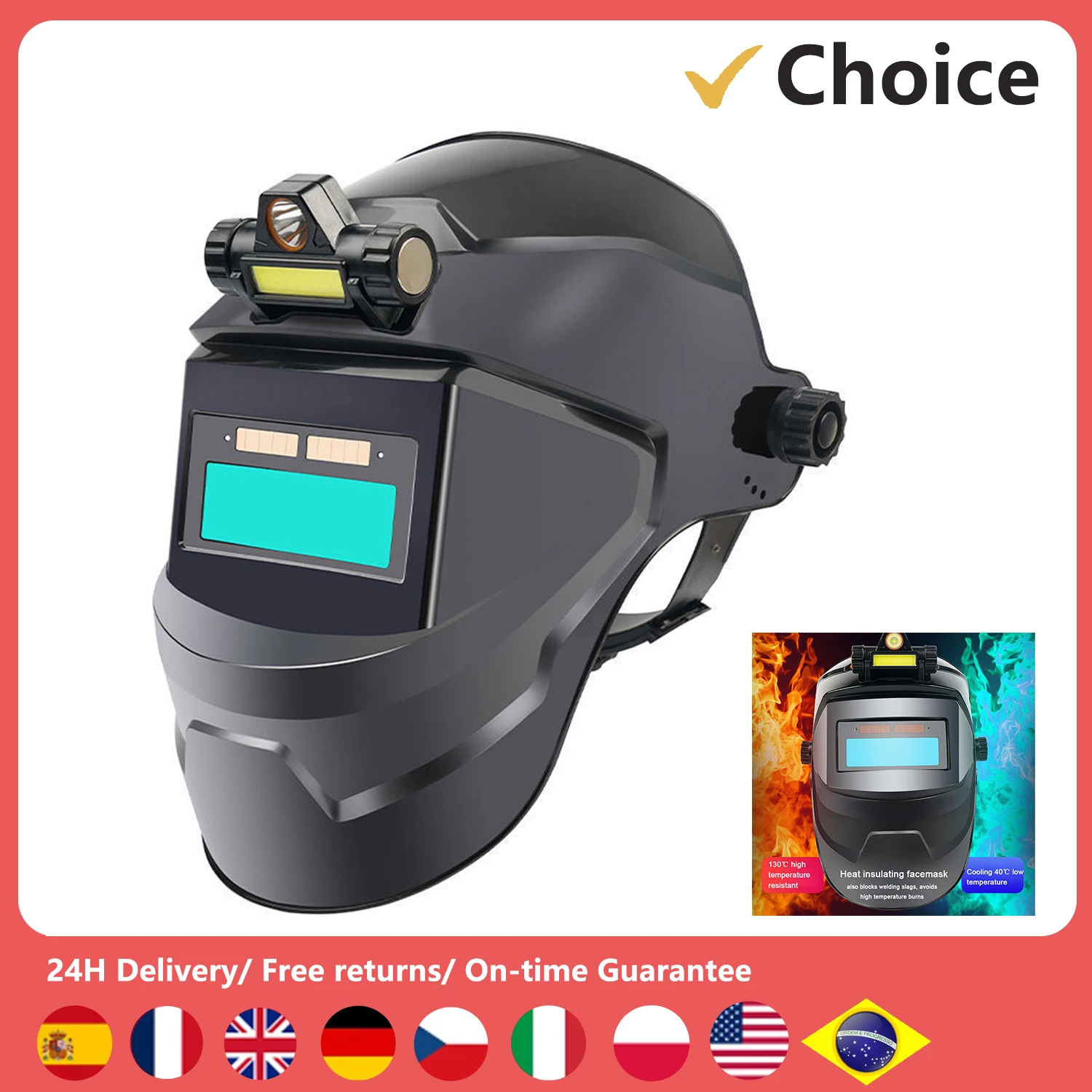 자동 다크닝 용접 페이스 마스크, 자동 가변 조명 조정, 아크 용접 연삭 절단용 대형 뷰 용접 마스크