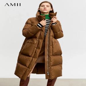 AMII 여성용 화이트 덕 다운 코트, 루즈 롱 다운 재킷, 여성 지퍼, 오피스 레이디, 빅 포켓 아우터, 12344107, 2023 겨울 신상
