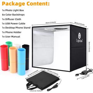 Lightdow 사진 스튜디오 라이트 박스 키트, 휴대용 밝기 조절, 다목적 사진 촬영용, 120 개 LED 6 배경, 12 인치 x 12 인치 (30x30x30cm)