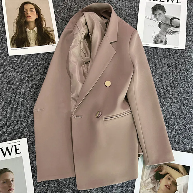 세련된 블레이저 여성 가을 ​​봄 긴 소매 더블 브레스트 옷깃 루스 코트 슬림 캐주얼 자켓 Office Ladies Vintage Blazers