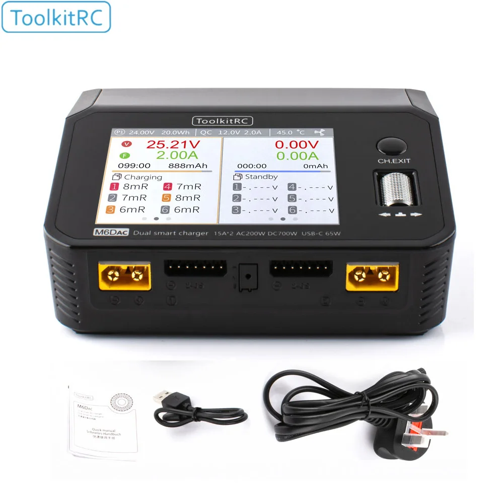 ToolkitRC M6DAC 듀얼 채널 스마트 Lipo 배터리 충전기 방전기 AC 200W DC 350WX2 15A 1-6S LiHV PD 65W
