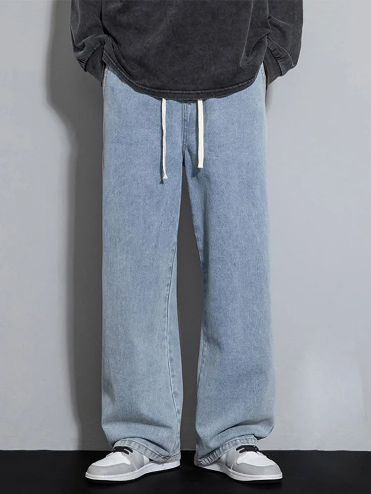 드래그 streetwear 느슨한 청바지 남자 한국 스타일 패션 느슨한 스트레이트 넓은 다리 바지 남자 브랜드 의류 블랙 라이트 블루 그레이
