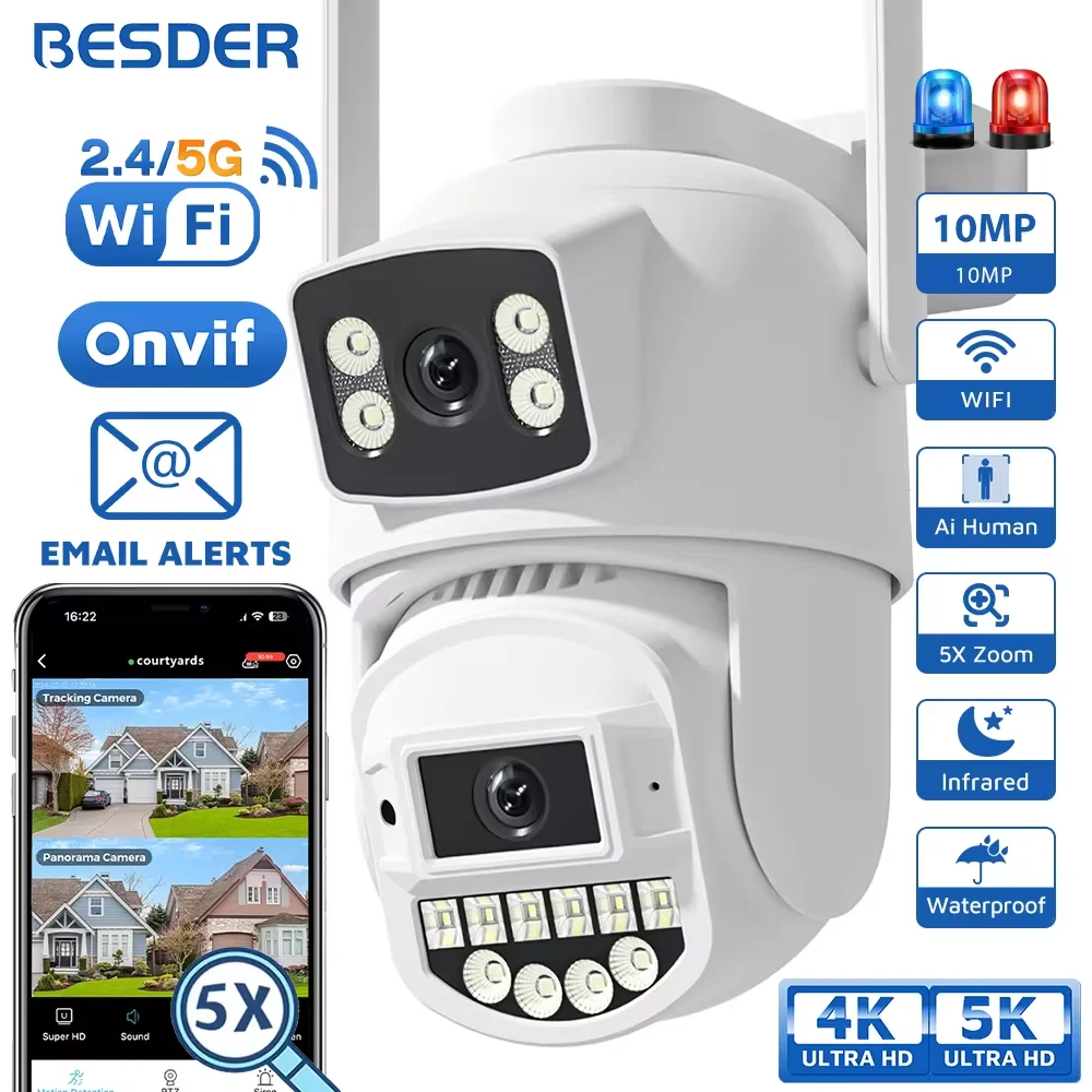 BESDER 8MP PTZ 5G HZ Wifi 카메라 야외 자동 추적 듀얼 스크린 5K 10MP CCTV 보안 IP 카메라 5X 디지털 줌 이메일 알람