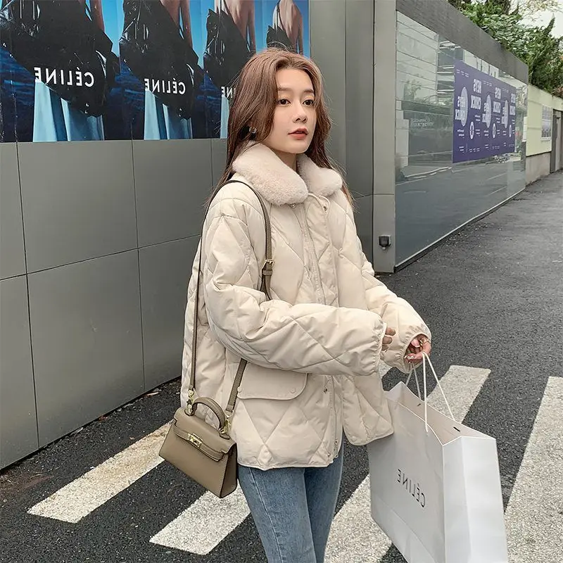 여성용 스플라이스 퍼 칼라 따뜻한 패딩 코튼 재킷 코트, 중간 길이 코트, 느슨한 마름모 빵 옷, 가을, 겨울, 2025