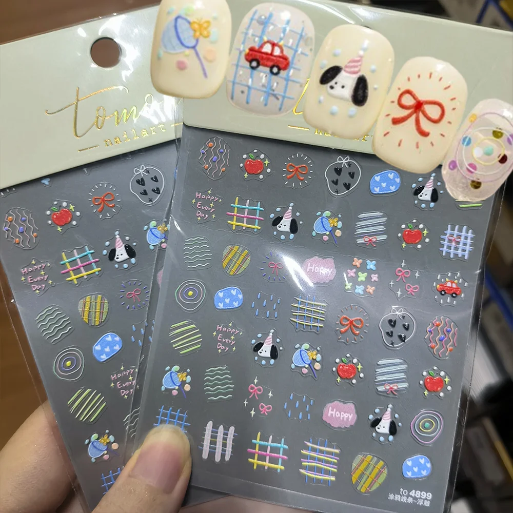 귀여운 동물 곰 개 케이크 달콤한 체리 그리드 Bowknot 스타 라인 과일 구호 자기 접착제 네일 아트 스티커 5D 매니큐어 데칼