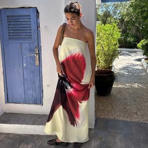 CUTENOVA 섹시한 Strapless 인쇄 꽃 벨트 여성 Maixi 드레스 노란색 Backless 높은 허리 드레스 여름 휴가 우아한 Beachwear
