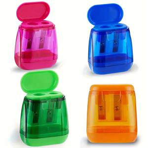 뚜껑과 부스러기 용기가 있는 4PCS 이중 구멍 연필 깎이, 색연필용 휴대용 수동 샤프너 세트.