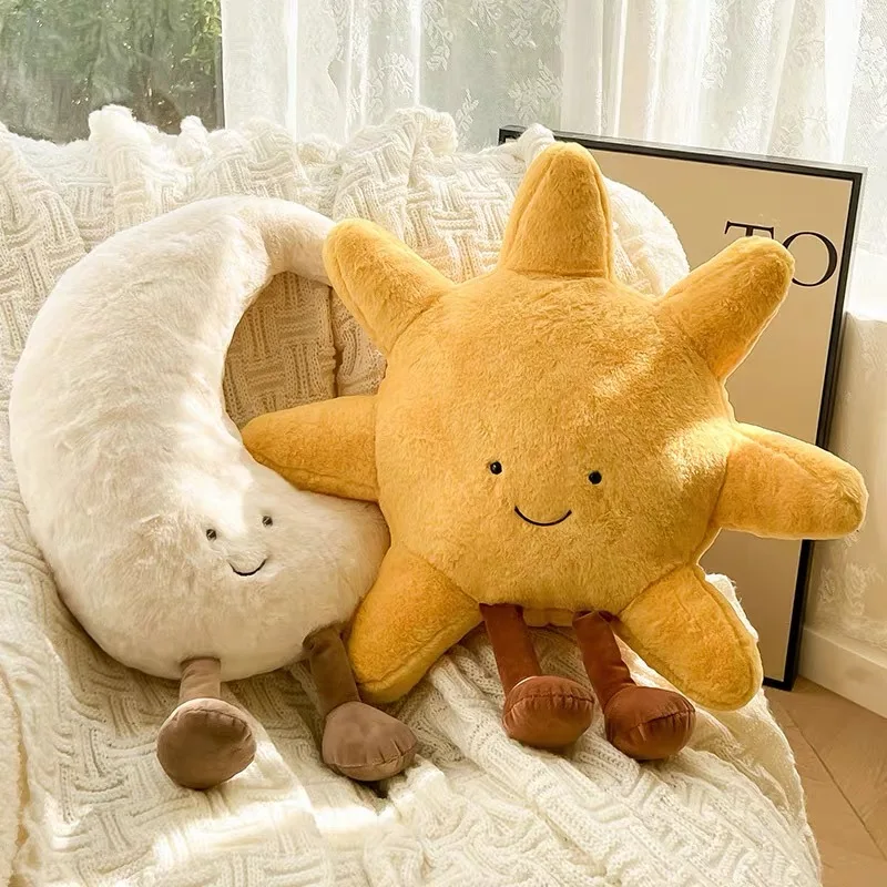 고품질 미소 얼굴 달 노란색 태양 플러시 쿠션 아이 침실 장식 소파 던지기 베개에 대한 귀여운 날씨 플러시 장난감을 박제
