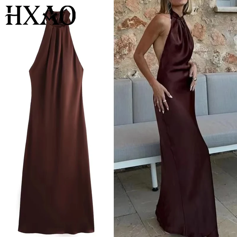HXAO 홀터 새틴 롱 드레스 여성 타이드 백리스 브라운 미디 드레스 여름 오프 숄더 파티 드레스 플리츠 이브닝 드레스