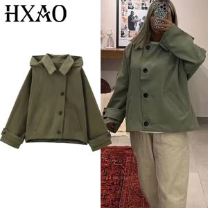 HXAO 여성용 윈드브레이커 아우터 후드 크롭 재킷 여성용 솔리드 트렌치코트 가을 긴팔 데미시즌 캐주얼 코트