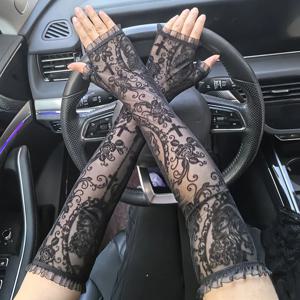 할로윈 여성용 블랙 섹시 해골 십자가 꽃 레이스 롱 글러브 탄력성 투명 메쉬 로리타 펑크 코스프레 숏 글러브