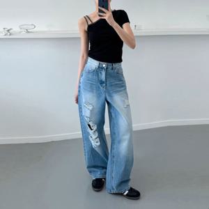 [브리치] 러블리감성 / 한봄 찢어진 중청 와이드 청바지
