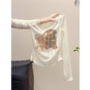 펄리프 레이스 패치 원숄더 긴팔 티셔츠 - 얼리어텀 강아지 프린팅 슬림핏 웨이스트 셰이핑 스위트앤스파이