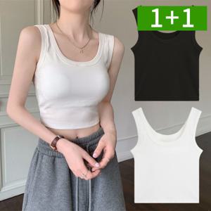 1+1 슬림 여성 무지 라운드 크롭탑 나시티 민소매