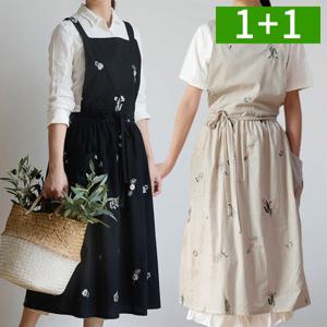 1+1 주방 방수앞치마 원피스형 면 자수 롱 어린이집 바리스타 카페앞치마
