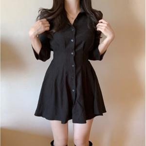 퓨어 솔리드 터틀넥 싱글 허리 여리여리한 퍼프소매 작은 키의 A라인 셔츠형 원피스