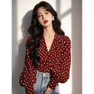 도트 프렌치 미니멀룩 시크 긴팔 셔츠 상의 레드