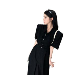 프렌치 블랙 원피스 허리 펀칭 디자인 롱 슬림핏 A라인 스커트 스몰 블랙 스커트