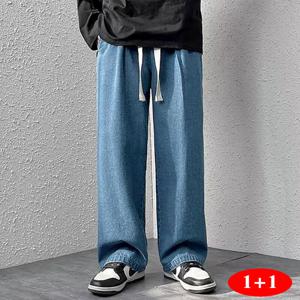 1+1 남성 캐주얼 배기 스트레이트 밴딩 데님팬츠 1+1