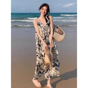 여성 여름 민소매 롱 원피스 캐주얼 패션 브이넥 스커트