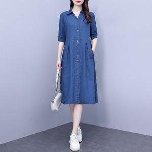 여성 복고풍 스타일 원피스 단추 루즈핏 반팔 중장 길이 캐주얼 데님 셔츠 원피스