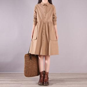 여성 면마 원피스 봄 가을 퓨어 칼라 루즈핏 슬림핏 긴팔 빅사이즈 미디 원피스