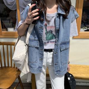 여성 레이어드 쪼끼 베스트 루즈핏 청조끼 데님 자켓 가을 베스트 오버핏 연청