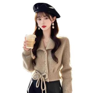 폭발적인 모델 독특하고 슈퍼 멋진 오트밀 점퍼 여성용 모델 한국식 부드럽고 착용 가능한 라펠 니트 탑