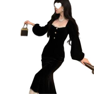 고급스러운 벨벳 날씬해 보이는 긴팔 원피스 추동 마이야르 스몰 블랙 스커트 슬림 머메이드 스커트