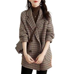 가을 겨울 신상 양복 칼라 천새격 모직 코트 헐렁헐렁 여장 패션 모직물 중 긴 외투녀