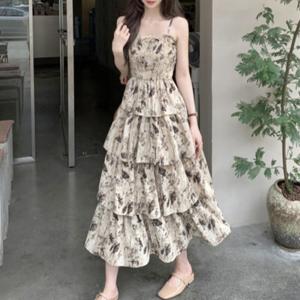 꽃 프릴 휴양지 서스펜더 드레스 여성 여름 슬리밍 기질 케이크 롱스커트 블라우스 쉬폰 비치 원피스