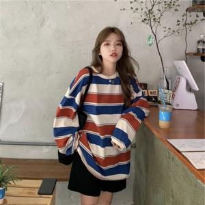 가을티셔츠빅사이즈우스 스트라이프 맨투맨 얇은 루즈핏