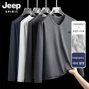 JEEP SPIRIT 남자 가을 겨울 긴팔티셔츠 무지 스판 기모 V넥 티셔츠