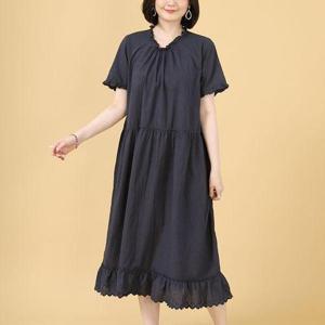 [애비뉴투지]엄마옷 셔링 레이스 순 면 여성 여름 반팔 롱 루즈핏 원피스 잠옷 O06281 50대 60대 중년여..