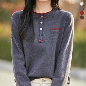 [유니제이] 뱁스 버튼 장식 라운드 니트티