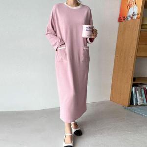 [유야]배색 포켓 라운드 긴팔 롱 원피스 홈웨어 간절기 -OP0147H- 빅사이즈 루즈핏 여성 가을